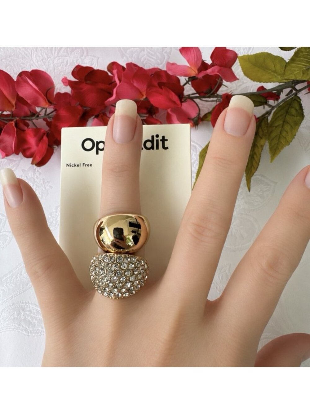 Open Edit Shiny Chunky Gold Tone Rings Size 8 Nickel Free Nordstrom Set of 2 NWT